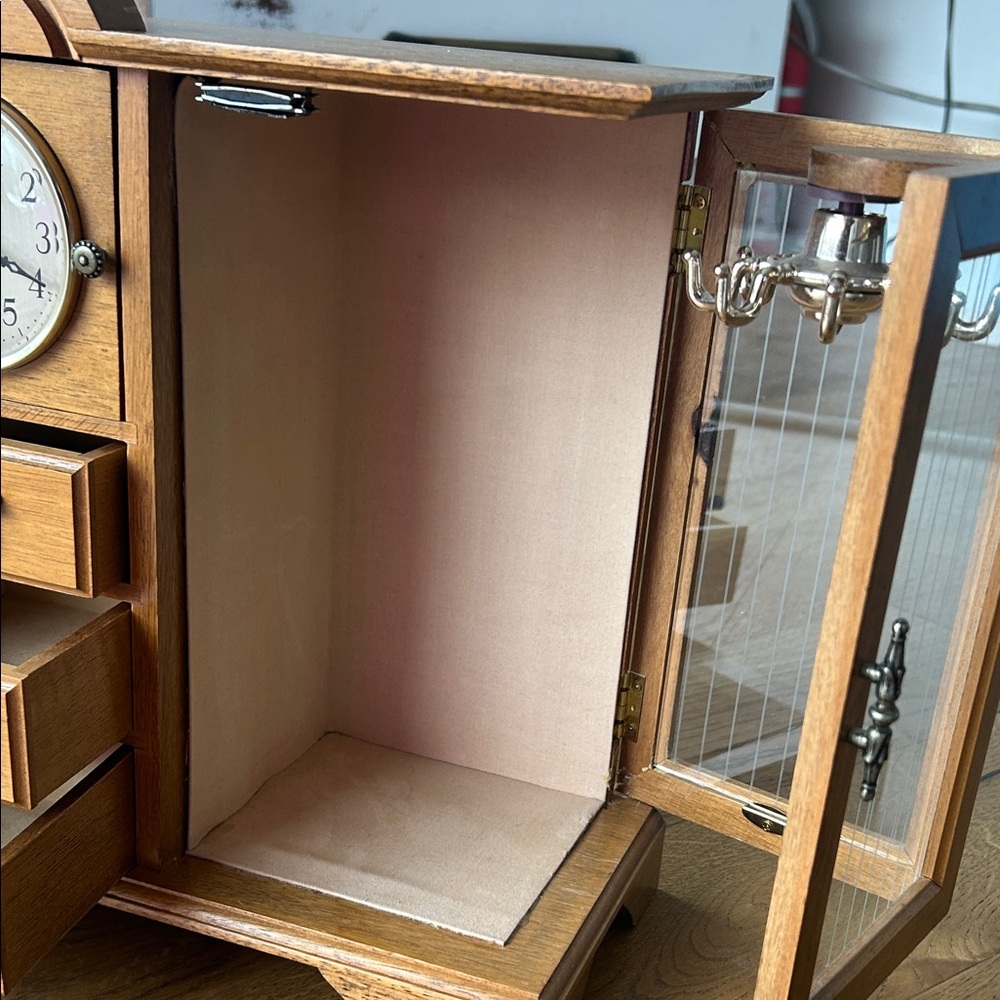 Wood Finish Jewelry Cabinet with Clock in Light Brown - Picture 4 of 10